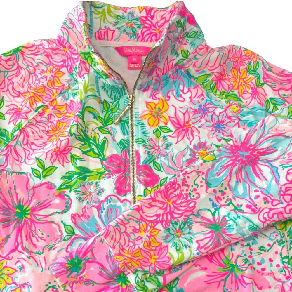 Lilly Pulitzer Floral Skipper Quarter-Zip Pullover Sweatshirt Womens Medium Pink